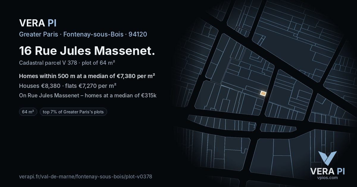 16 Rue Jules Massenet, Fontenay-sous-Bois at night – the plot lit, the parcels around coloured by the prices near them