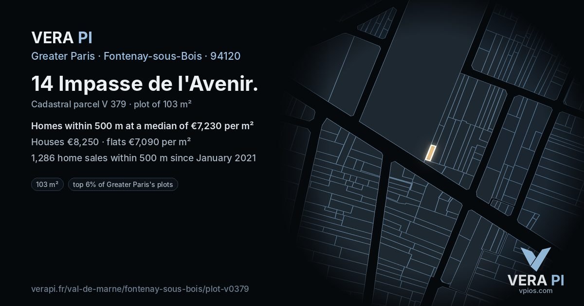14 Impasse de l'Avenir, Fontenay-sous-Bois at night – the plot lit, the parcels around coloured by the prices near them
