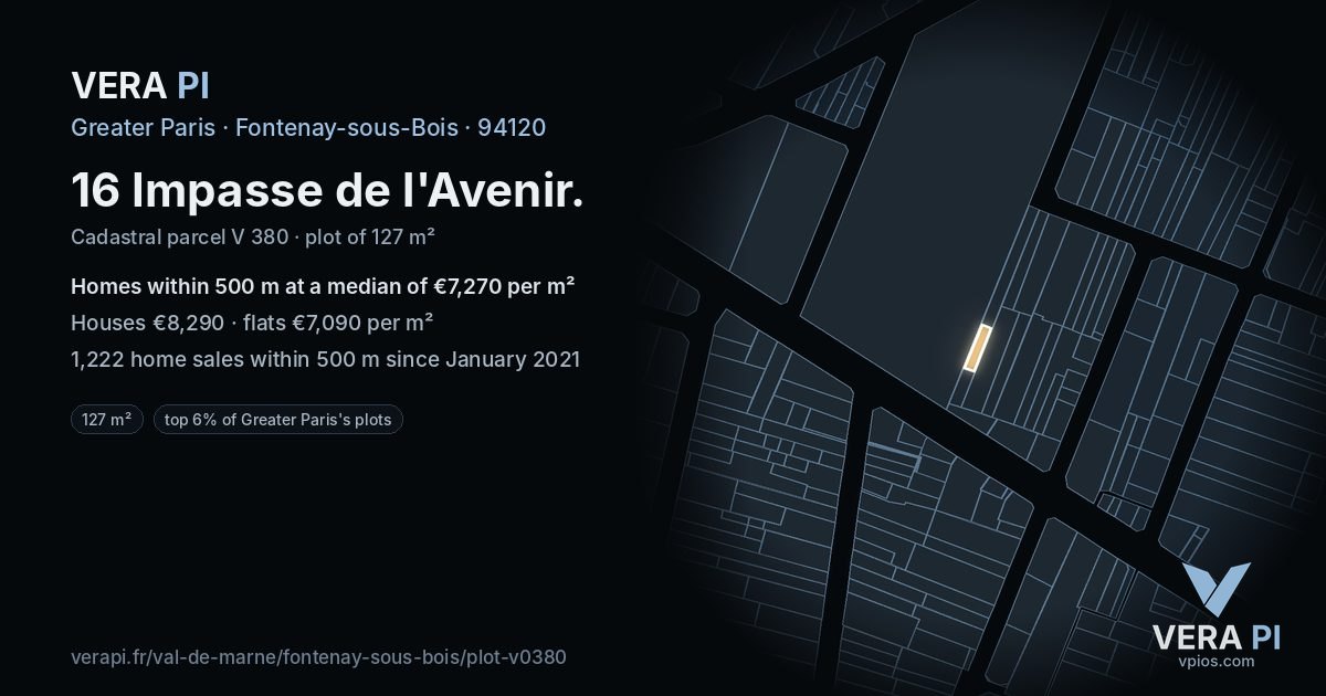 16 Impasse de l'Avenir, Fontenay-sous-Bois at night – the plot lit, the parcels around coloured by the prices near them