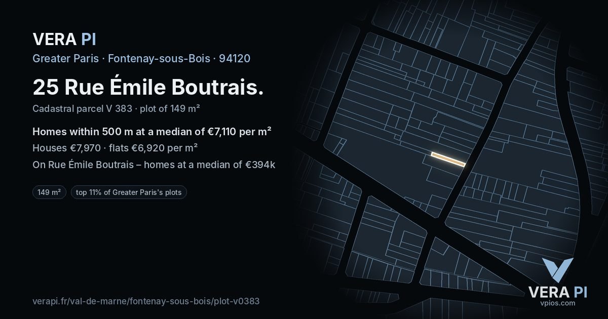 25 Rue Émile Boutrais, Fontenay-sous-Bois at night – the plot lit, the parcels around coloured by the prices near them