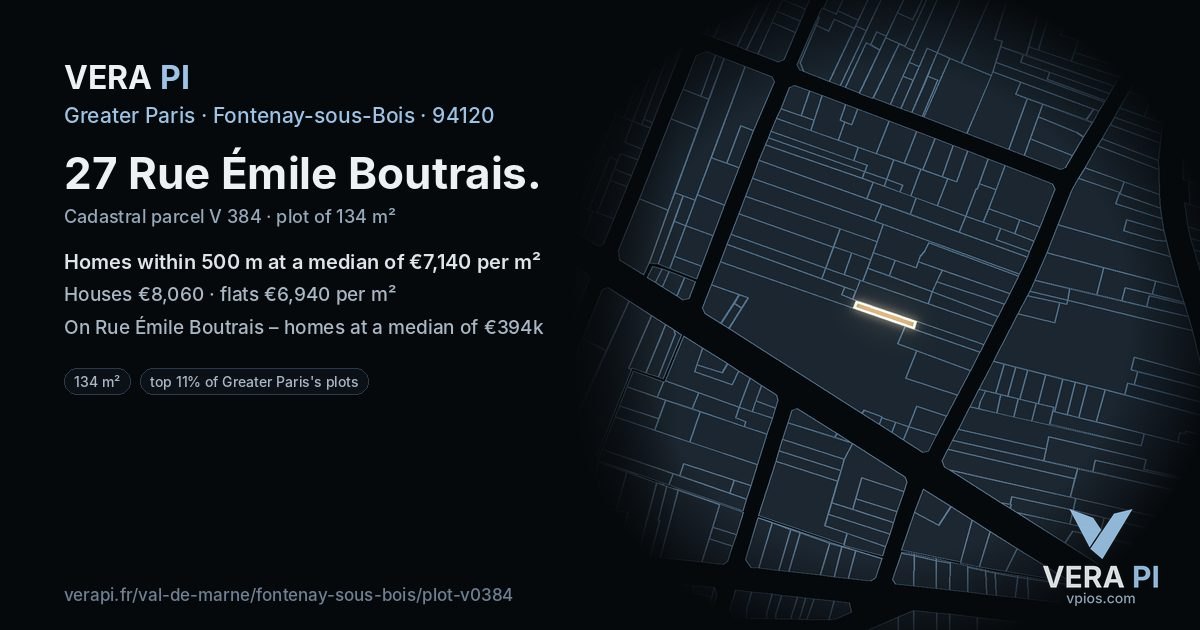 27 Rue Émile Boutrais, Fontenay-sous-Bois at night – the plot lit, the parcels around coloured by the prices near them