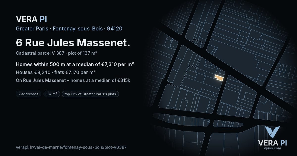 6 Rue Jules Massenet, Fontenay-sous-Bois at night – the plot lit, the parcels around coloured by the prices near them