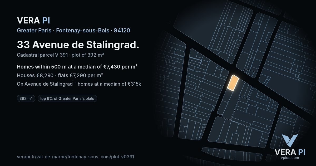 33 Avenue de Stalingrad, Fontenay-sous-Bois at night – the plot lit, the parcels around coloured by the prices near them