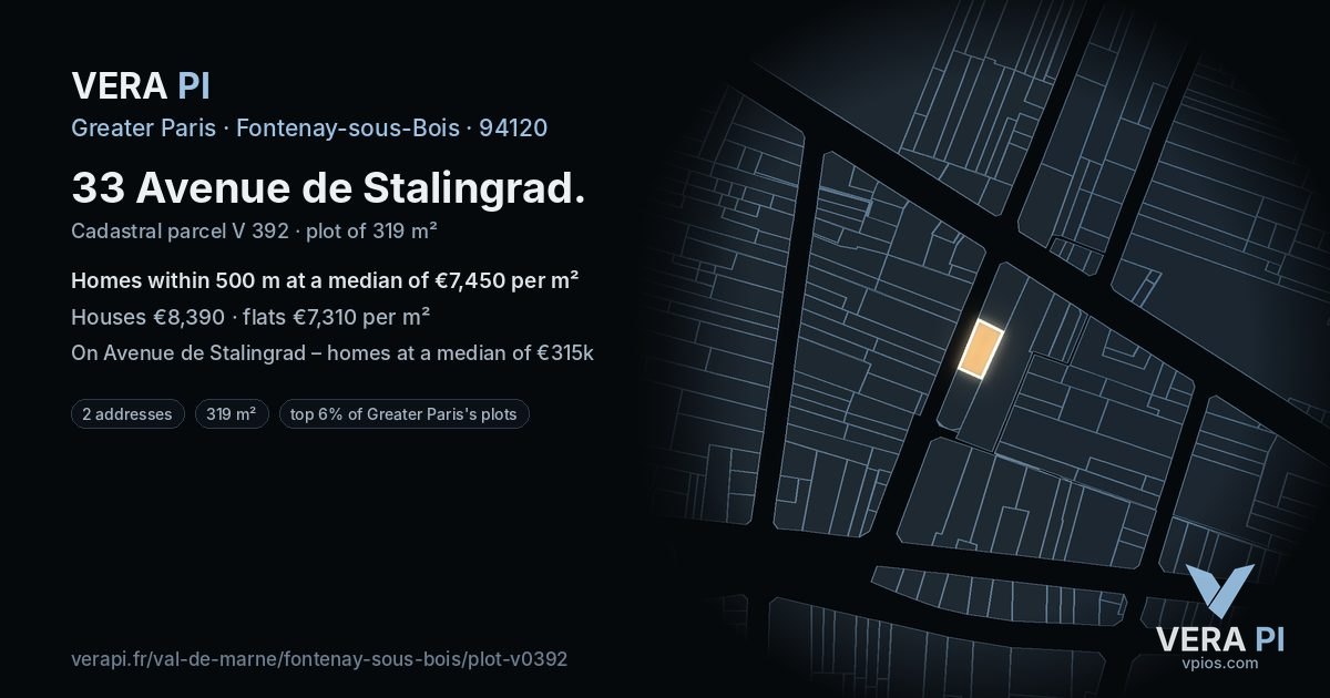 33 Avenue de Stalingrad, Fontenay-sous-Bois at night – the plot lit, the parcels around coloured by the prices near them