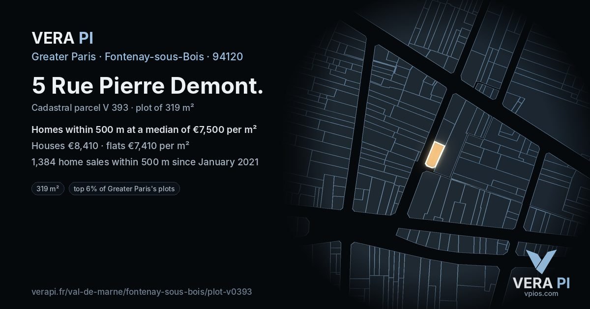 5 Rue Pierre Demont, Fontenay-sous-Bois at night – the plot lit, the parcels around coloured by the prices near them