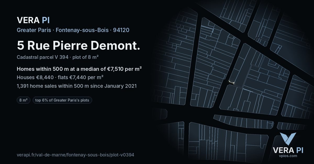 5 Rue Pierre Demont, Fontenay-sous-Bois at night – the plot lit, the parcels around coloured by the prices near them