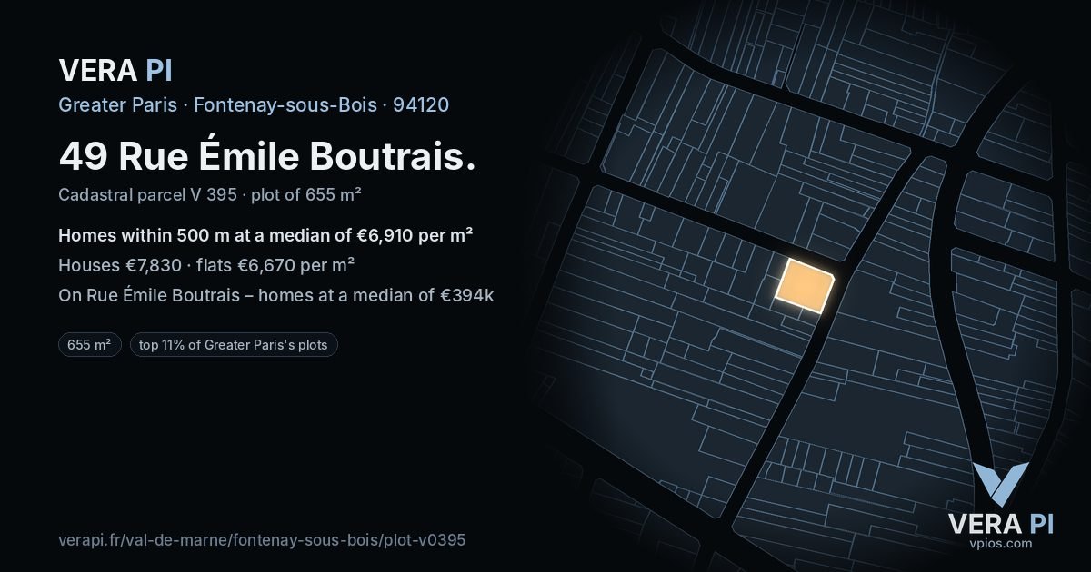 49 Rue Émile Boutrais, Fontenay-sous-Bois at night – the plot lit, the parcels around coloured by the prices near them