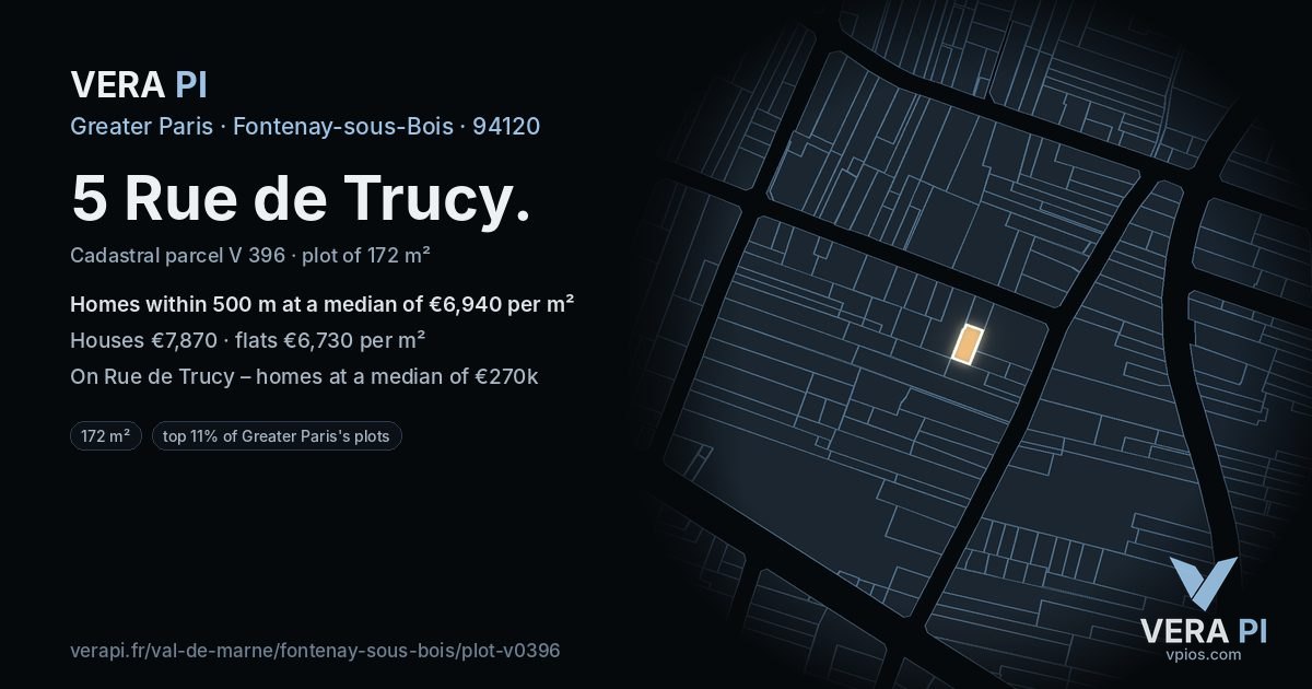 5 Rue de Trucy, Fontenay-sous-Bois at night – the plot lit, the parcels around coloured by the prices near them