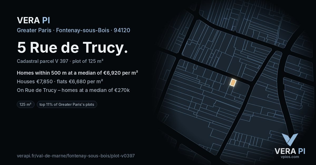 5 Rue de Trucy, Fontenay-sous-Bois at night – the plot lit, the parcels around coloured by the prices near them