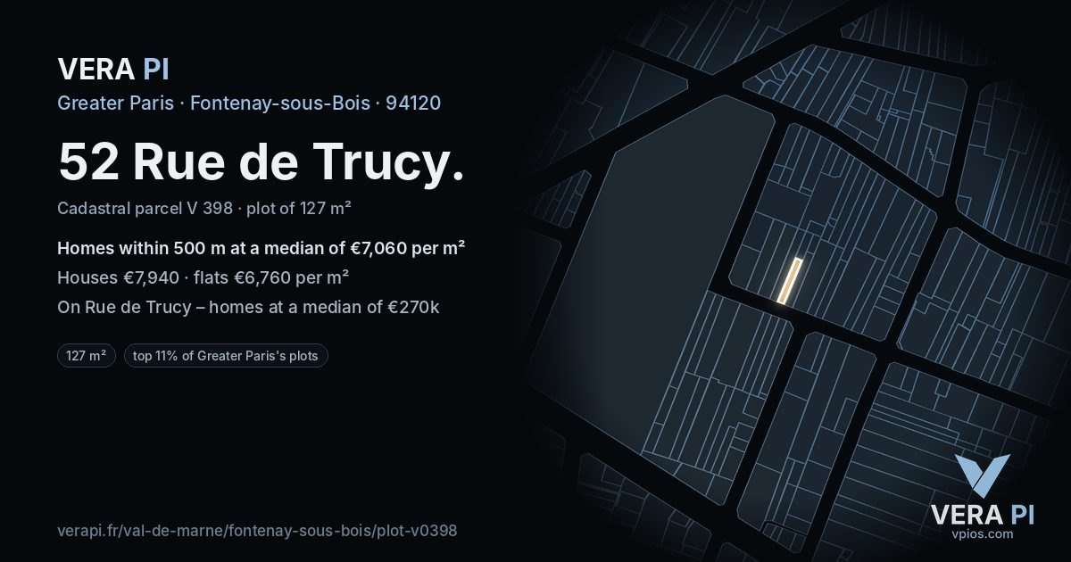52 Rue de Trucy, Fontenay-sous-Bois at night – the plot lit, the parcels around coloured by the prices near them