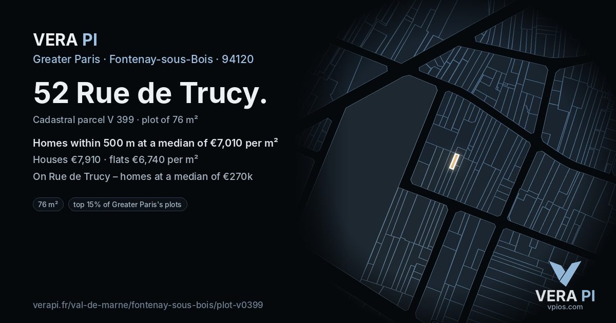 52 Rue de Trucy, Fontenay-sous-Bois at night – the plot lit, the parcels around coloured by the prices near them