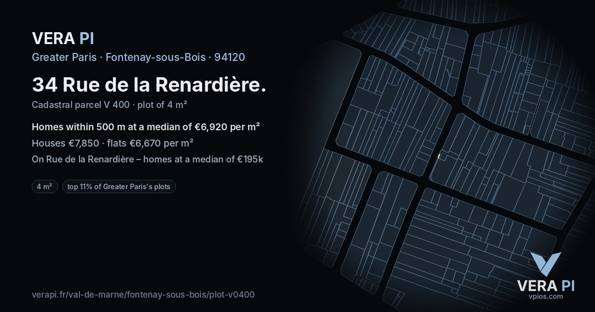 34 Rue de la Renardière, Fontenay-sous-Bois at night – the plot lit, the parcels around coloured by the prices near them