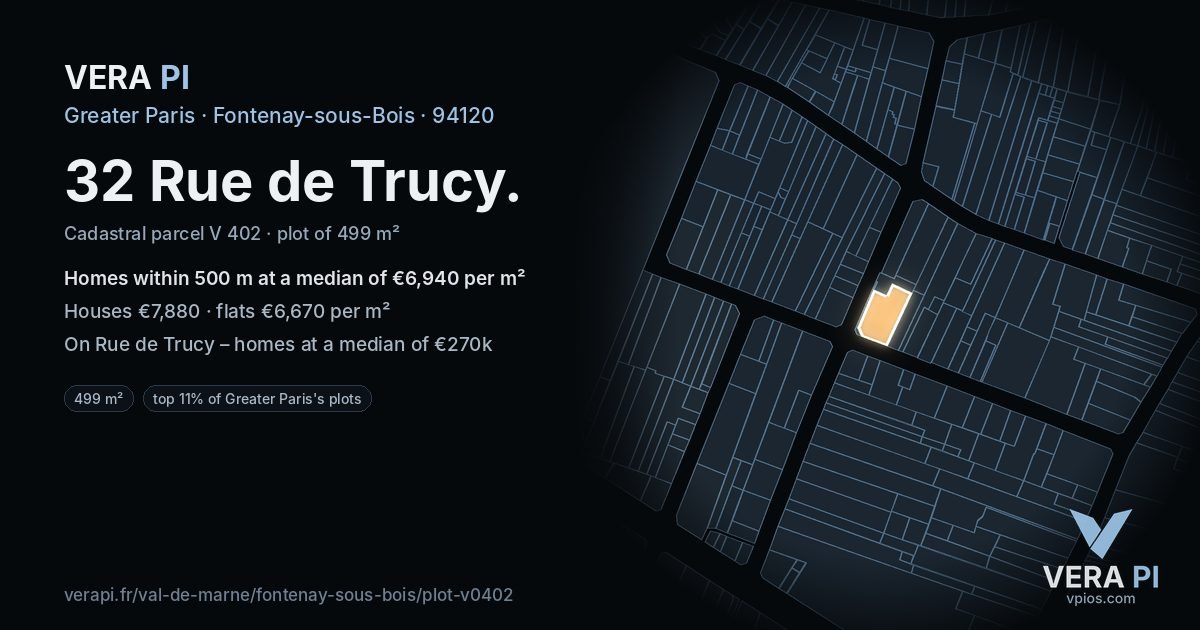32 Rue de Trucy, Fontenay-sous-Bois at night – the plot lit, the parcels around coloured by the prices near them