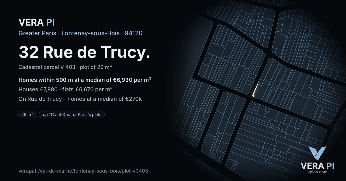 32 Rue de Trucy, Fontenay-sous-Bois at night – the plot lit, the parcels around coloured by the prices near them