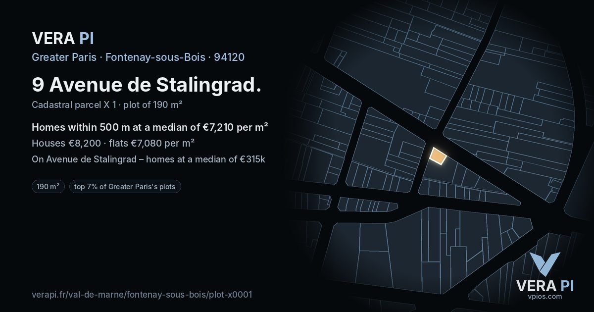 9 Avenue de Stalingrad, Fontenay-sous-Bois at night – the plot lit, the parcels around coloured by the prices near them