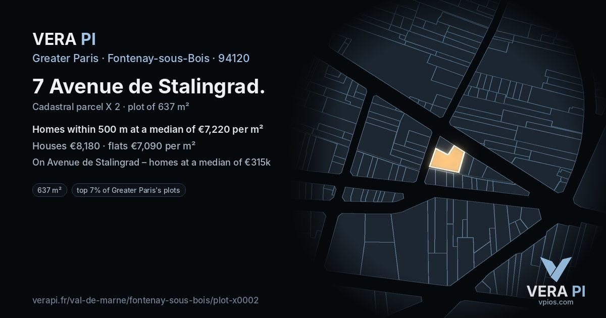 7 Avenue de Stalingrad, Fontenay-sous-Bois at night – the plot lit, the parcels around coloured by the prices near them