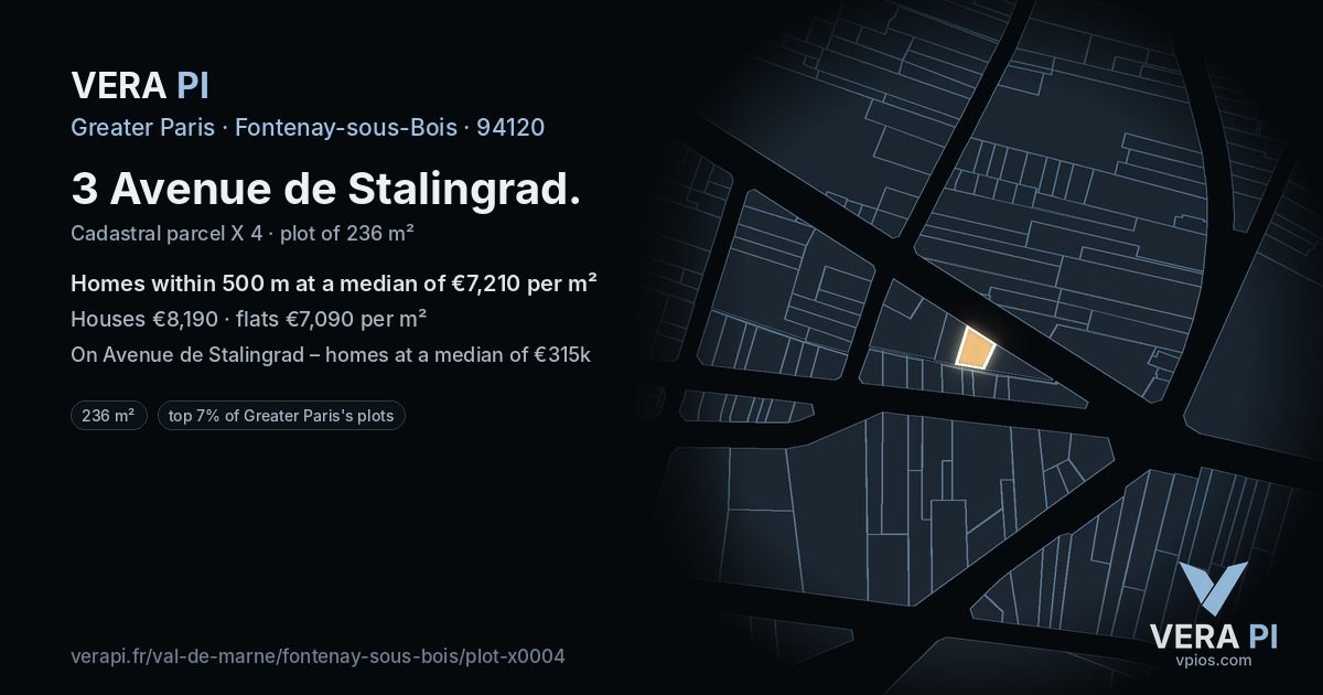 3 Avenue de Stalingrad, Fontenay-sous-Bois at night – the plot lit, the parcels around coloured by the prices near them