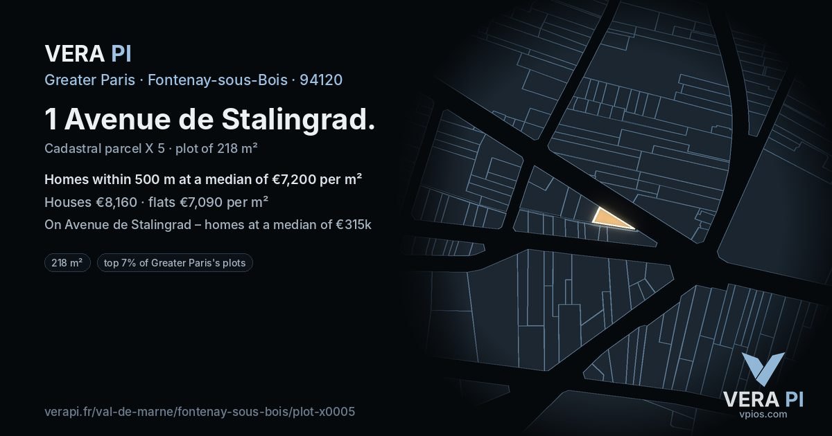 1 Avenue de Stalingrad, Fontenay-sous-Bois at night – the plot lit, the parcels around coloured by the prices near them