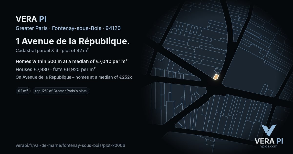 1 Avenue de la République, Fontenay-sous-Bois at night – the plot lit, the parcels around coloured by the prices near them