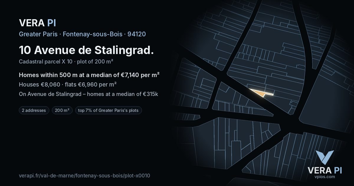 10 Avenue de Stalingrad, Fontenay-sous-Bois at night – the plot lit, the parcels around coloured by the prices near them