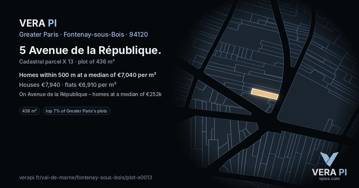 5 Avenue de la République, Fontenay-sous-Bois at night – the plot lit, the parcels around coloured by the prices near them