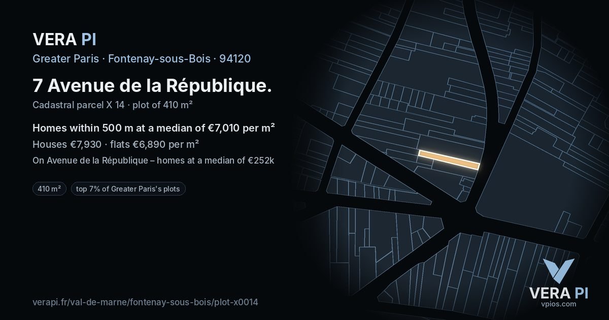 7 Avenue de la République, Fontenay-sous-Bois at night – the plot lit, the parcels around coloured by the prices near them