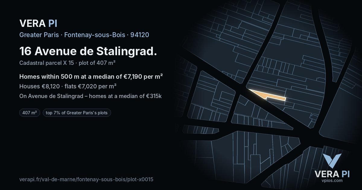 16 Avenue de Stalingrad, Fontenay-sous-Bois at night – the plot lit, the parcels around coloured by the prices near them