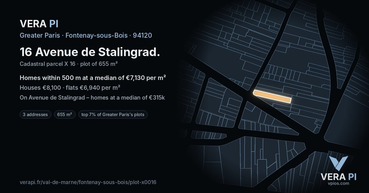 16 Avenue de Stalingrad, Fontenay-sous-Bois at night – the plot lit, the parcels around coloured by the prices near them