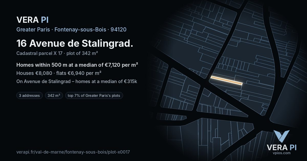 16 Avenue de Stalingrad, Fontenay-sous-Bois at night – the plot lit, the parcels around coloured by the prices near them