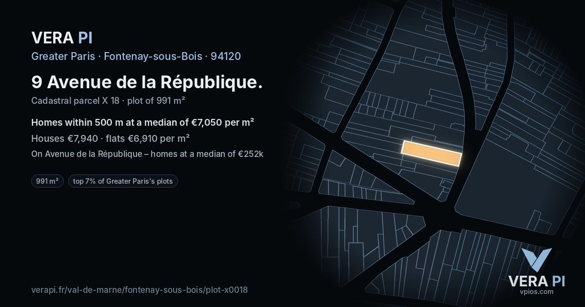 9 Avenue de la République, Fontenay-sous-Bois at night – the plot lit, the parcels around coloured by the prices near them