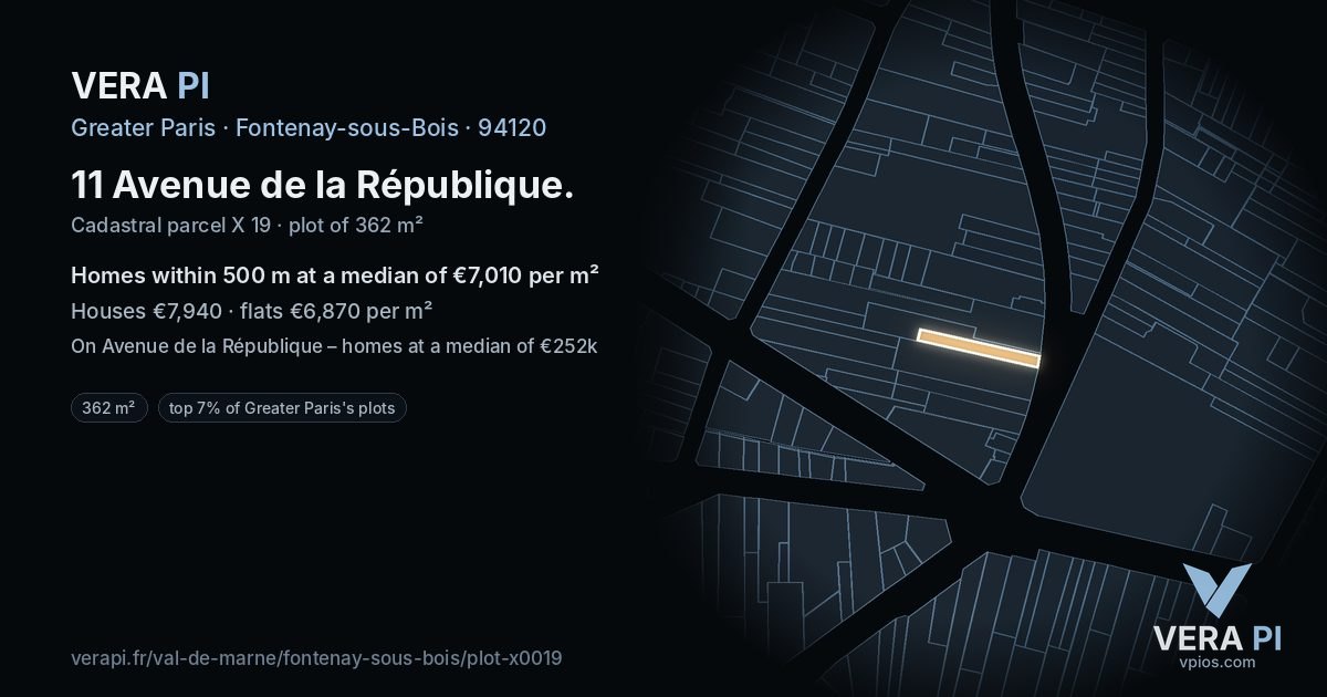 11 Avenue de la République, Fontenay-sous-Bois at night – the plot lit, the parcels around coloured by the prices near them
