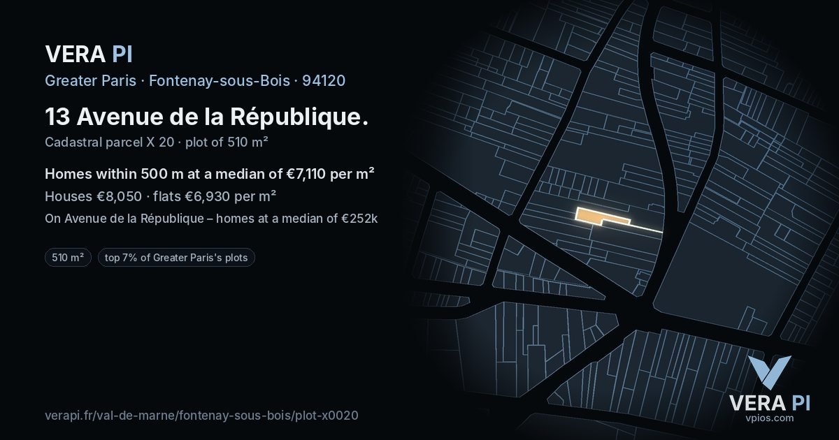 13 Avenue de la République, Fontenay-sous-Bois at night – the plot lit, the parcels around coloured by the prices near them