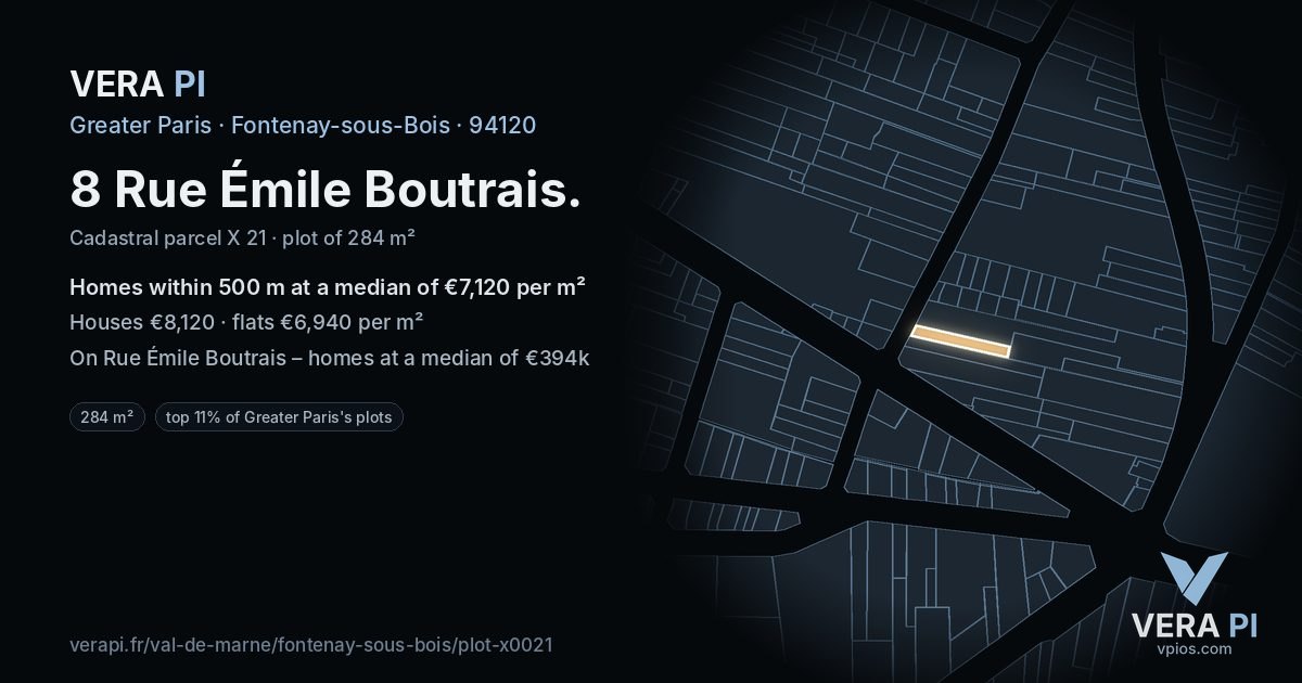 8 Rue Émile Boutrais, Fontenay-sous-Bois at night – the plot lit, the parcels around coloured by the prices near them