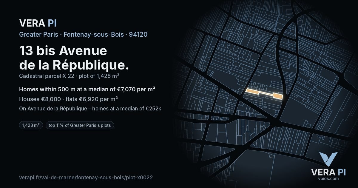 13 bis Avenue de la République, Fontenay-sous-Bois at night – the plot lit, the parcels around coloured by the prices near them