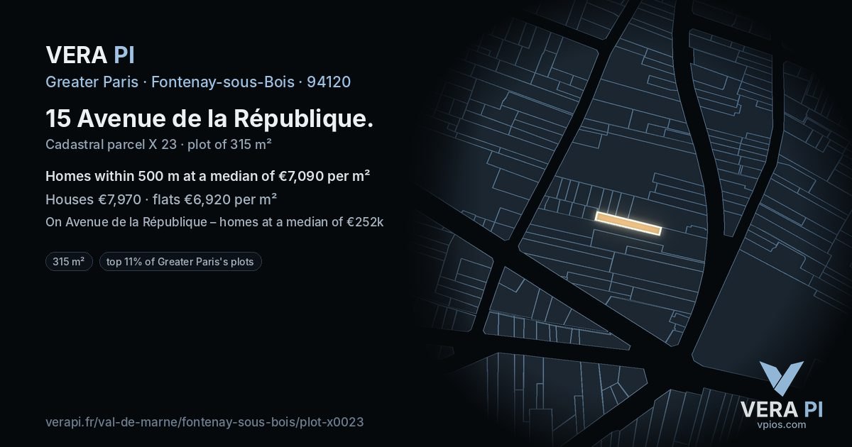 15 Avenue de la République, Fontenay-sous-Bois at night – the plot lit, the parcels around coloured by the prices near them