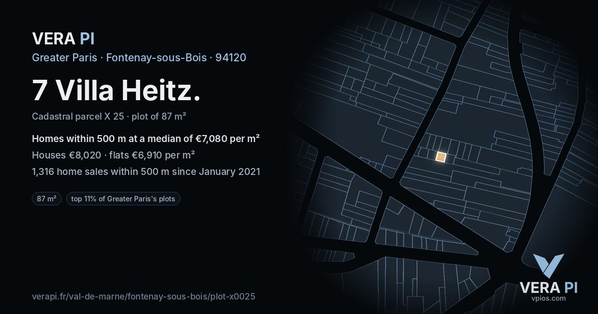 7 Villa Heitz, Fontenay-sous-Bois at night – the plot lit, the parcels around coloured by the prices near them