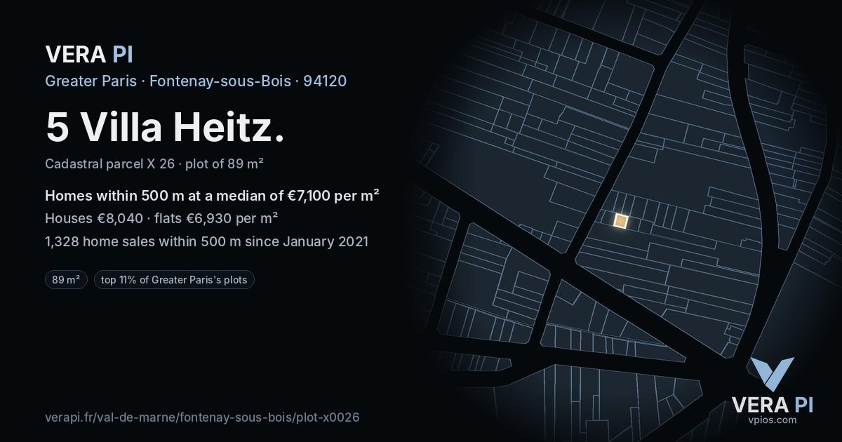 5 Villa Heitz, Fontenay-sous-Bois at night – the plot lit, the parcels around coloured by the prices near them