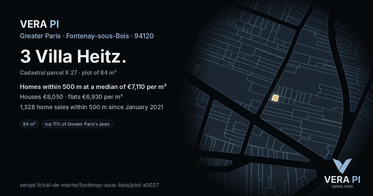 3 Villa Heitz, Fontenay-sous-Bois at night – the plot lit, the parcels around coloured by the prices near them