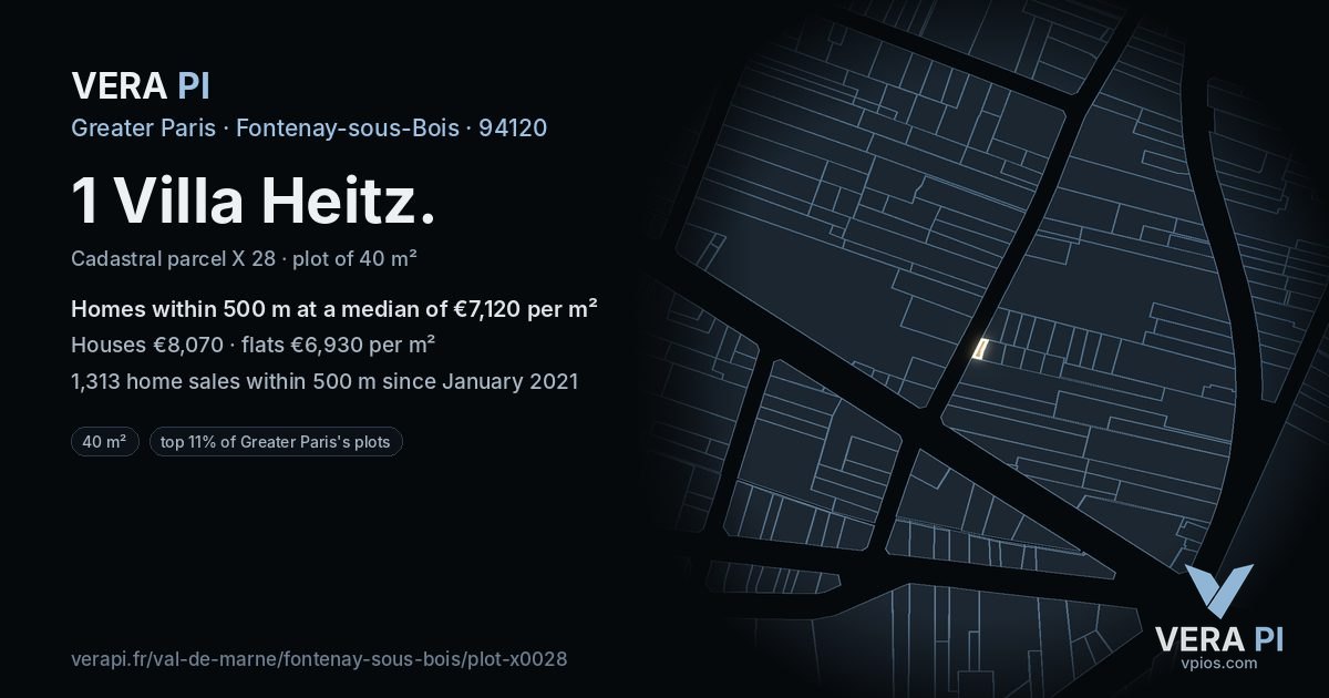1 Villa Heitz, Fontenay-sous-Bois at night – the plot lit, the parcels around coloured by the prices near them