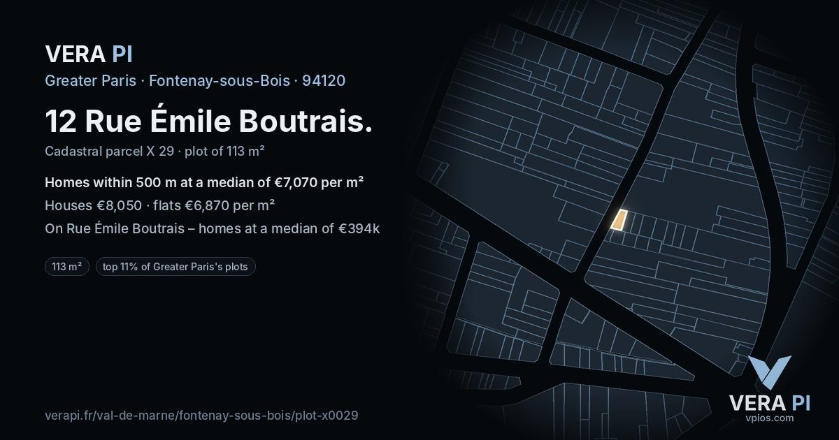 12 Rue Émile Boutrais, Fontenay-sous-Bois at night – the plot lit, the parcels around coloured by the prices near them