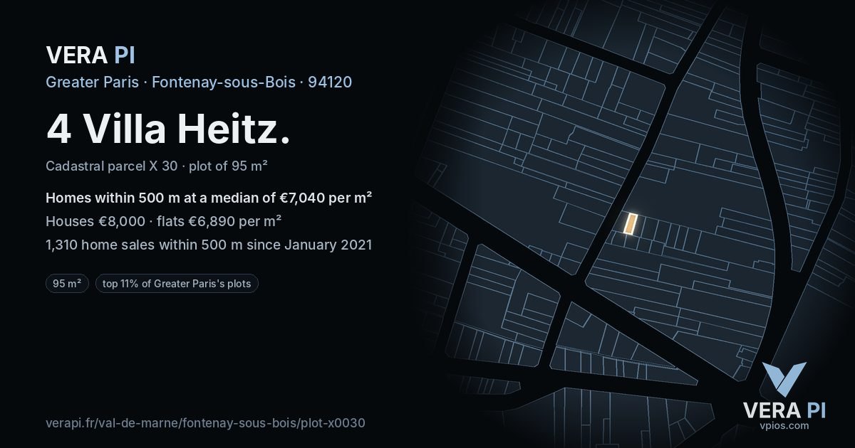 4 Villa Heitz, Fontenay-sous-Bois at night – the plot lit, the parcels around coloured by the prices near them