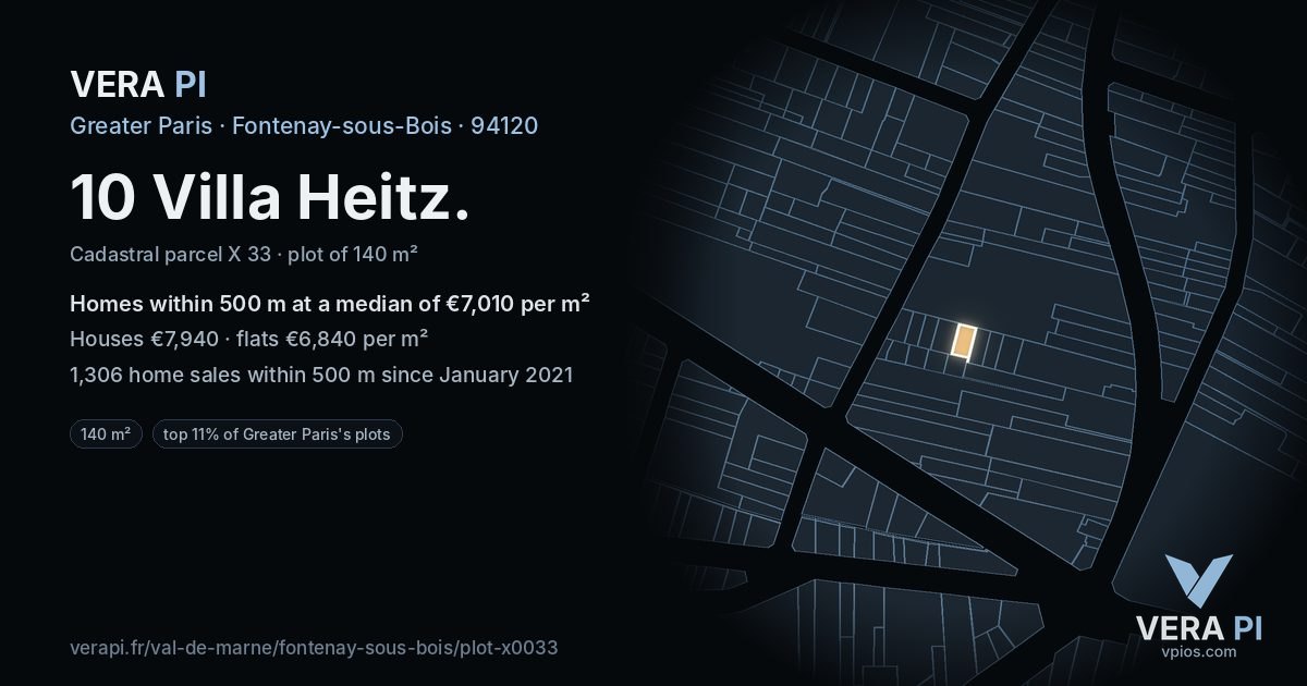 10 Villa Heitz, Fontenay-sous-Bois at night – the plot lit, the parcels around coloured by the prices near them
