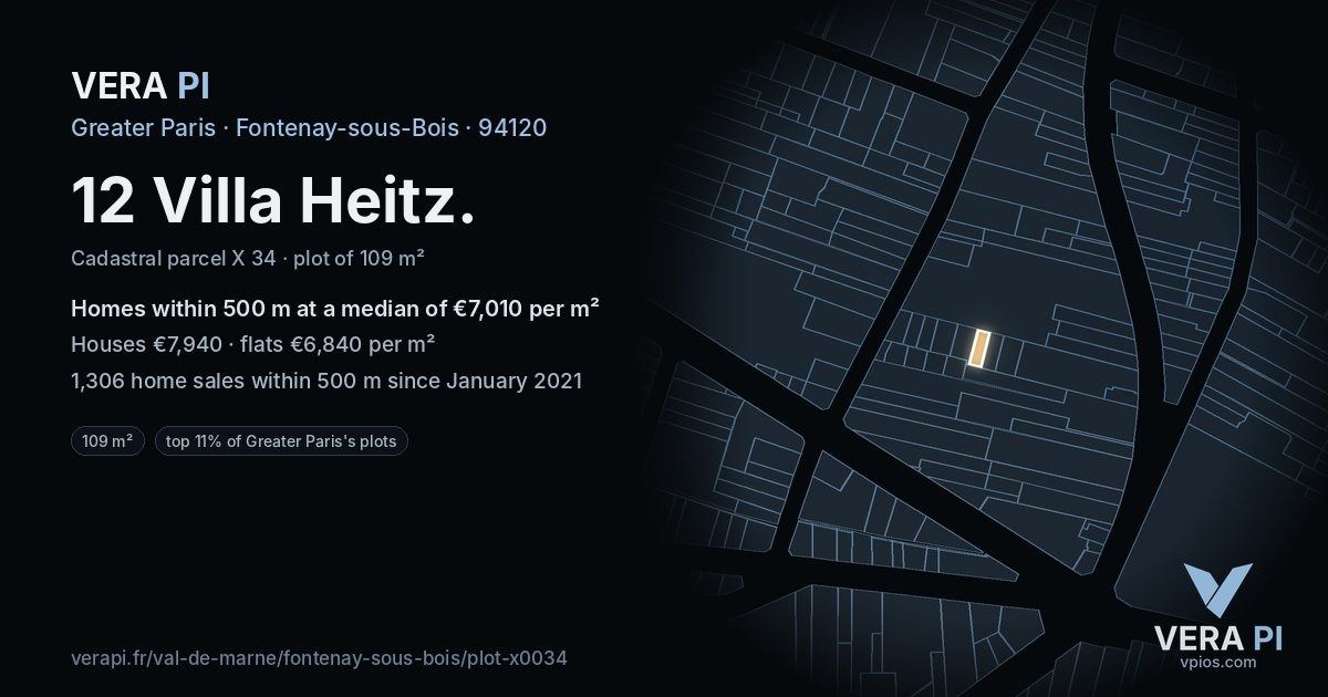 12 Villa Heitz, Fontenay-sous-Bois at night – the plot lit, the parcels around coloured by the prices near them