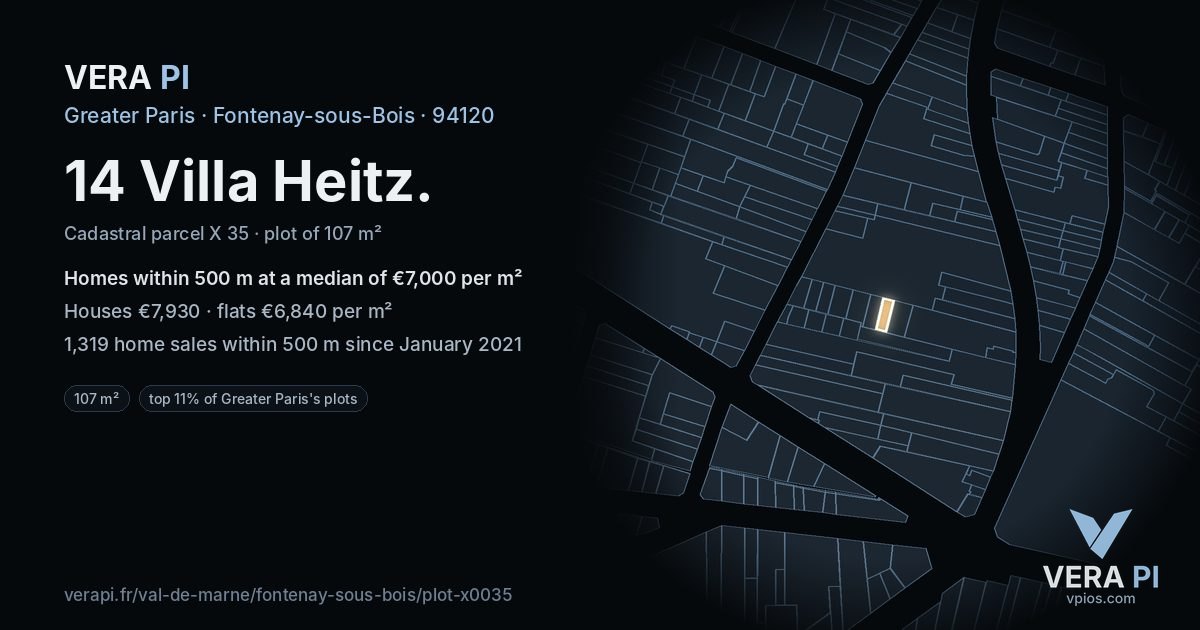 14 Villa Heitz, Fontenay-sous-Bois at night – the plot lit, the parcels around coloured by the prices near them
