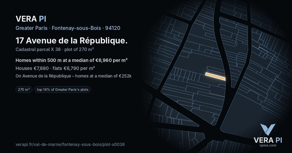 17 Avenue de la République, Fontenay-sous-Bois at night – the plot lit, the parcels around coloured by the prices near them