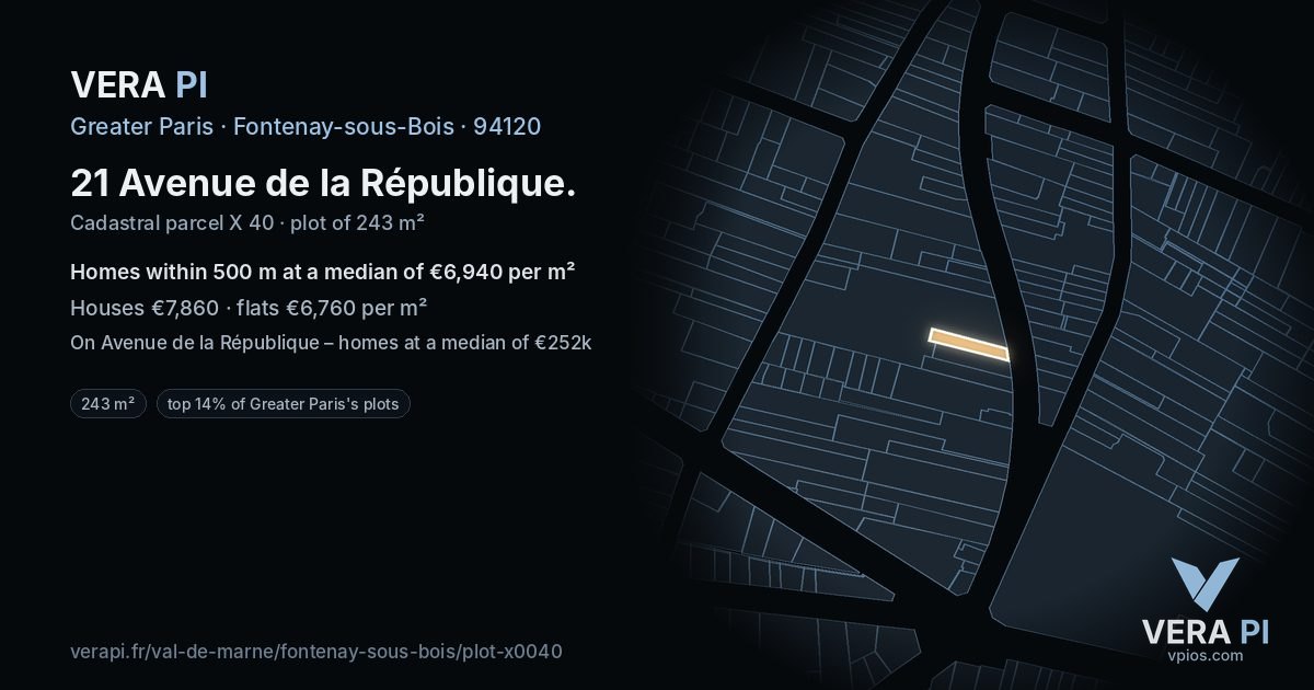 21 Avenue de la République, Fontenay-sous-Bois at night – the plot lit, the parcels around coloured by the prices near them