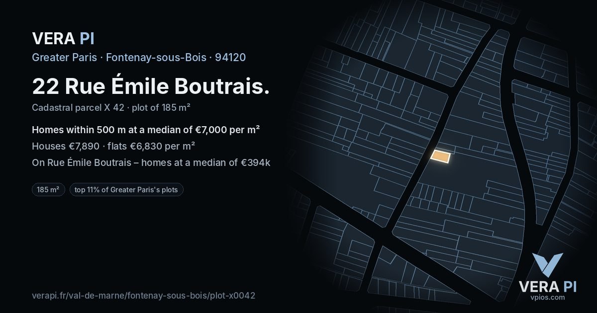 22 Rue Émile Boutrais, Fontenay-sous-Bois at night – the plot lit, the parcels around coloured by the prices near them