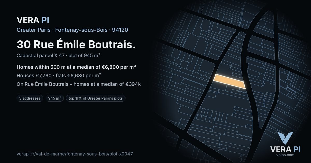 30 Rue Émile Boutrais, Fontenay-sous-Bois at night – the plot lit, the parcels around coloured by the prices near them