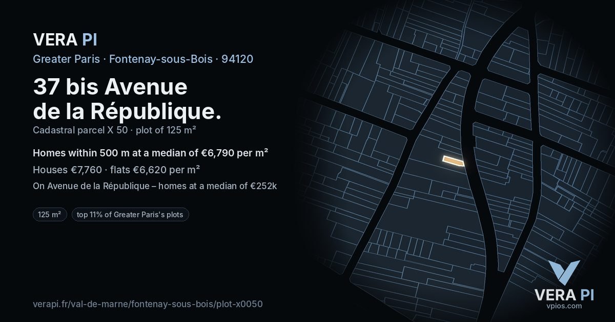 37 bis Avenue de la République, Fontenay-sous-Bois at night – the plot lit, the parcels around coloured by the prices near them