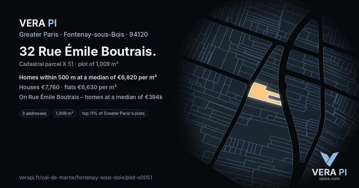 32 Rue Émile Boutrais, Fontenay-sous-Bois at night – the plot lit, the parcels around coloured by the prices near them